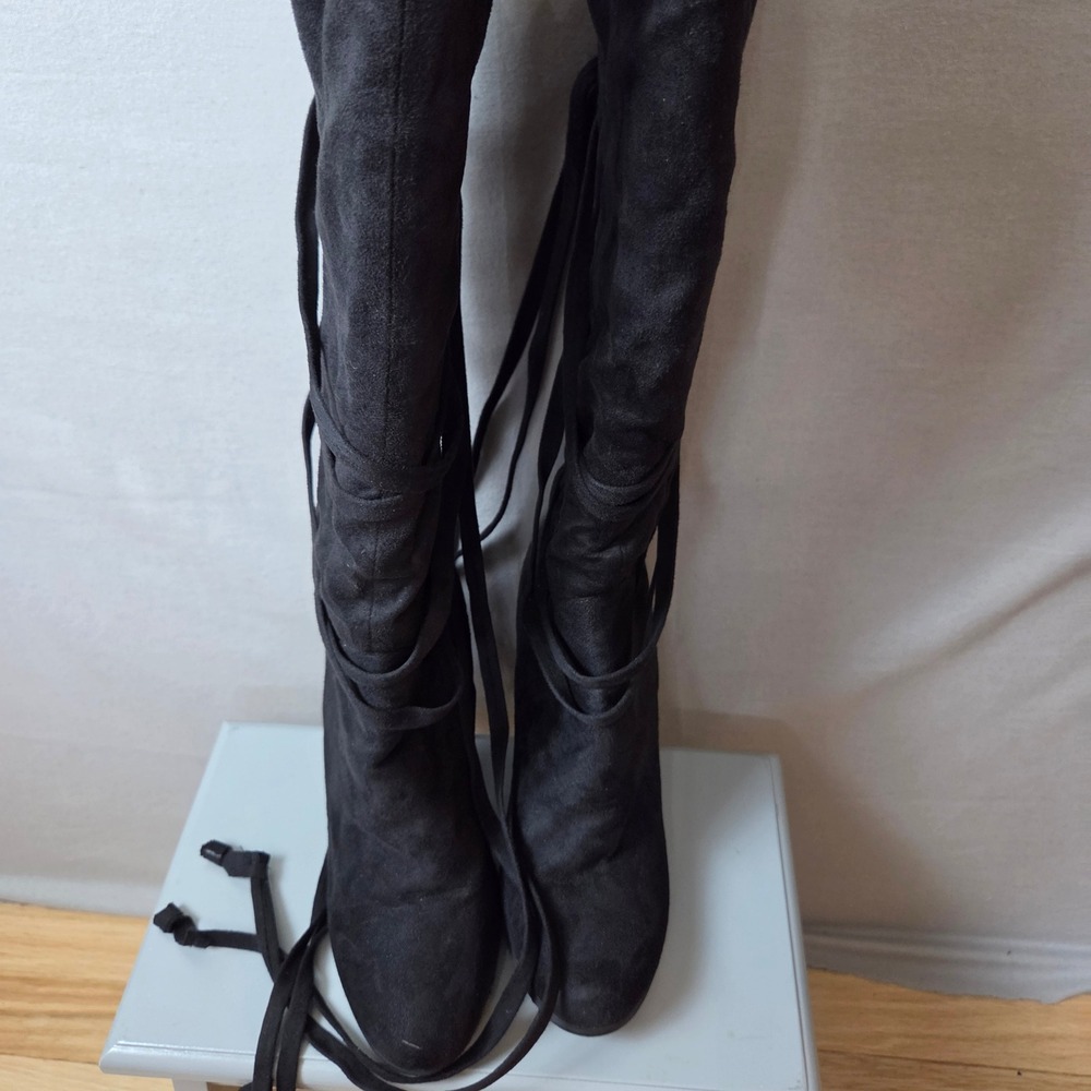 Black Faux Suede Over The Knee Strappy Wrap Lace Up Block Heel Boots Size 9 - Picture 3 of 6